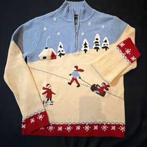 Vintage Lambswool Quarter Zip Sweater Winter scene Sledding Skating Wool Small